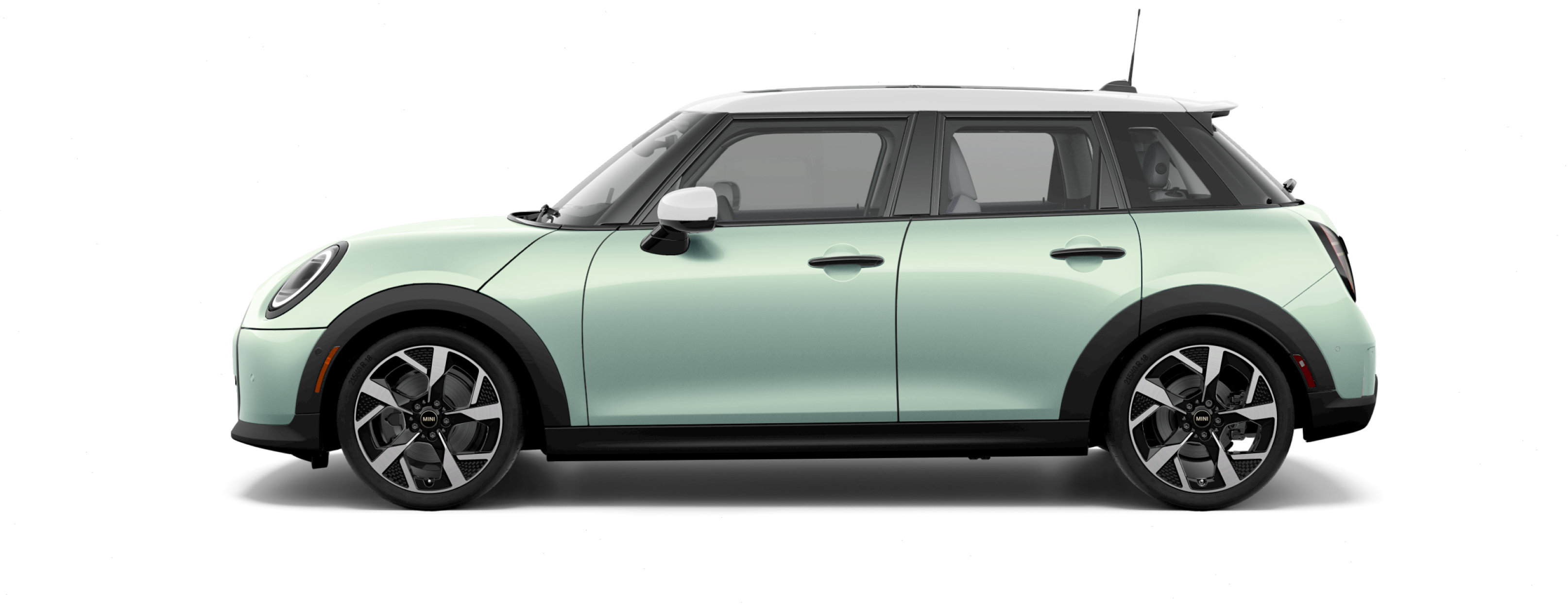 Side view of a 2025 MINI Cooper S 2 Door  ALL4 in the Ocean Wave Green body color, facing left with its shadow underneath it.