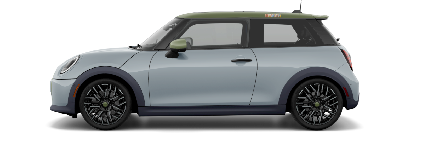 Side-view of a MINI Cooper S 2 Door Paul Smith Edition in Statement Grey with Nottingham Green accents.