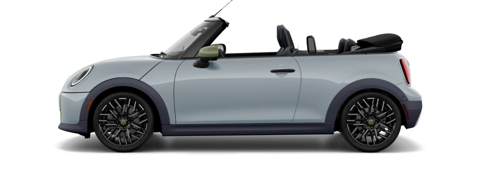 Side-view of a MINI Cooper S Convertible Paul Smith Edition in Statement Grey with Nottingham Green accents.