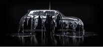 Side-view of the silhouette of a MINI with silver paint being poured over it.