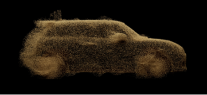 Side-view of the silhouette of a MINI composed of specks of dirt.